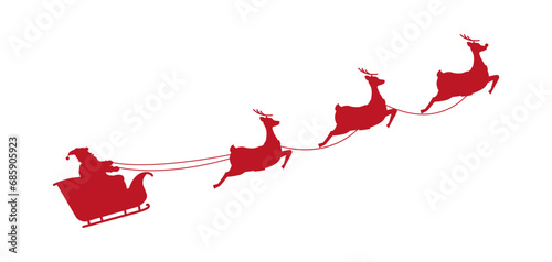 Red silhouette of Santa in a sleigh and reindeer.