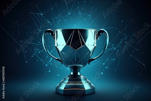 Trophy cup form lines and triangles, point connecting network on blue background. sport cup, champion's cup. Polygon vector wireframe concept 