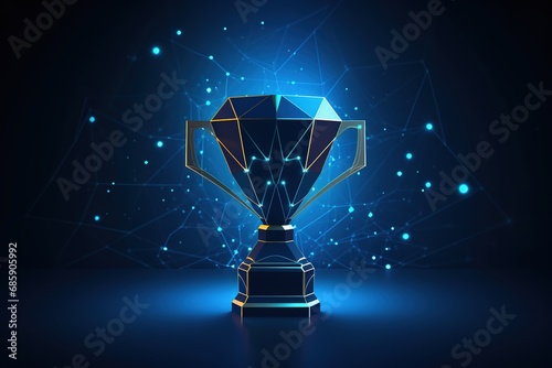 Trophy cup form lines and triangles, point connecting network on blue background. sport cup, champion's cup. Polygon vector wireframe concept 