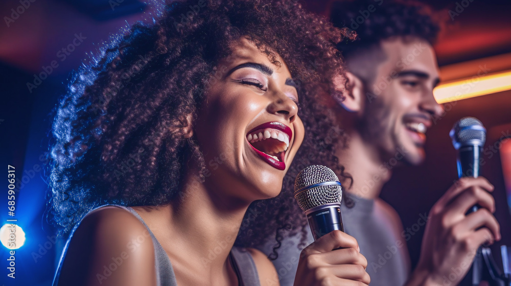 group of people singing in nightclub karaoke - obrazy, fototapety, plakaty 