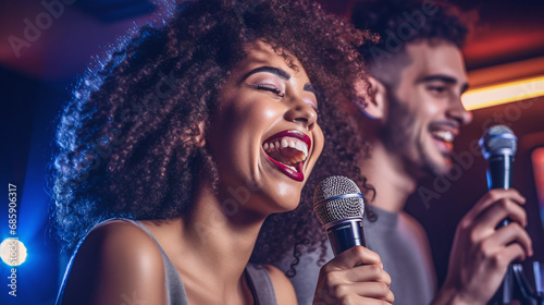 group of people singing in nightclub karaoke photo