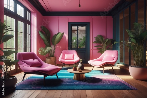 Pink BPink Barbie style terrace with large window and three comfortable chairs around wooden table, interior design. AI generated
