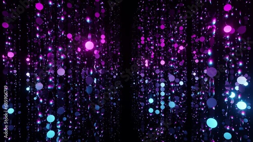 Corridor of sparkling purple and blue particles bokeh or glitter garland vj loop 3d render. Holidays background, spotlight overlay for christmas card, music nightclub, award ceremony, geometric photo