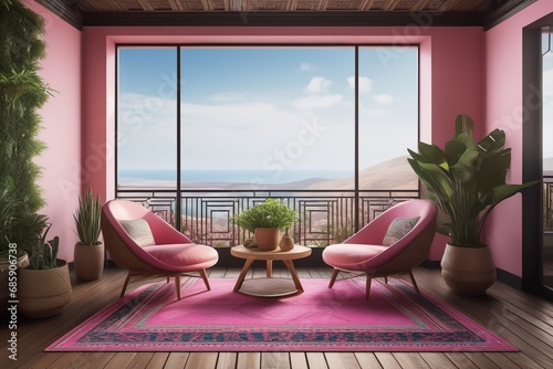 Pink Barbie style terrace interior design. AI generated