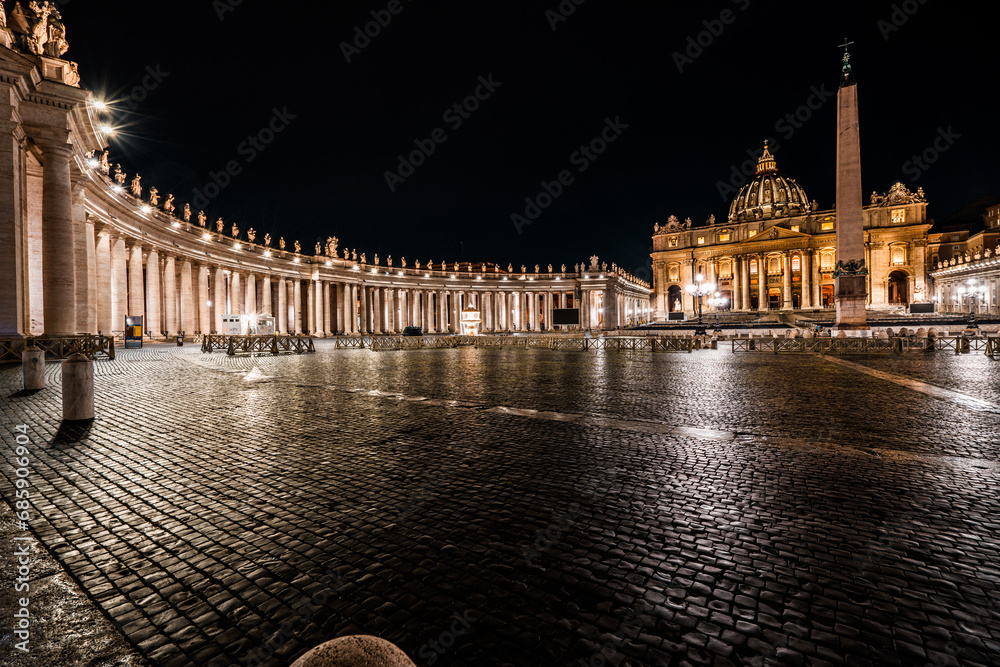 St. Peter's Square and St Peter's Basilica at night. Vatican City