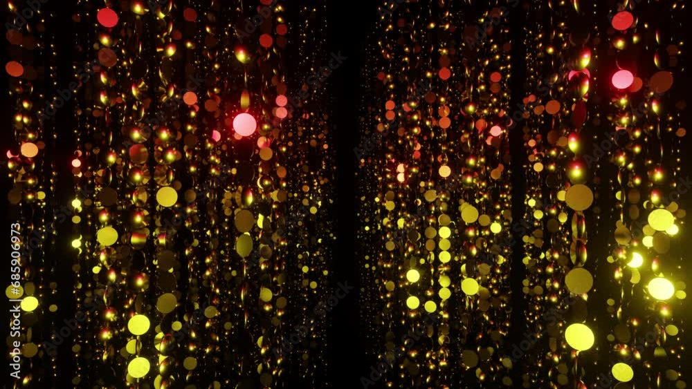 Corridor of sparkling golden and red particles bokeh or glitter garland vj loop 3d render. Holidays background, spotlight overlay for christmas card, music nightclub, award ceremony, geometric