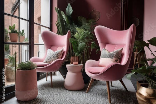 Pink Barbie style balcony terrace interior design with comfortable chairs and tropical plants in pots. AI generated