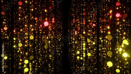 Corridor of sparkling golden and red particles bokeh or glitter garland vj loop 3d render. Holidays background, spotlight overlay for christmas card, music nightclub, award ceremony, geometric