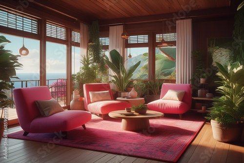 Big resort hotel terrace with specious windows  three comfortable chairs on pink rug  beautiful view to ocean. AI generated