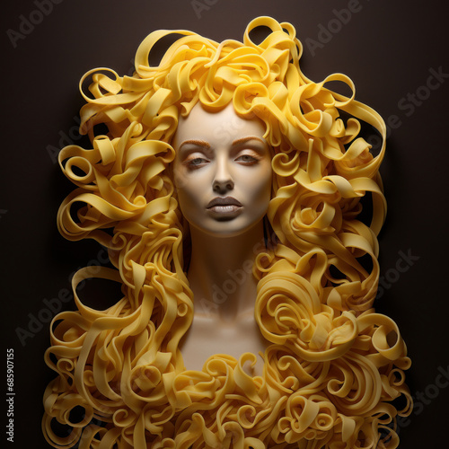 A beautiful model, decorated with delicious noodles reminiscent of delicate curls, gracefully cascading hair, world of culinary fashion, a combination of food and style. Noodle Chic © Luiri Art