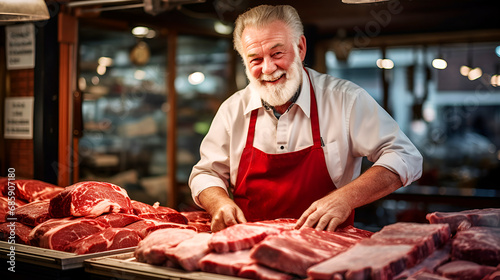 "Friendly butcher arranges steaks, showcasing years of culinary tradition.