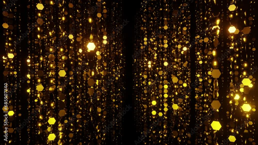Awards corridor of sparkling golden hexagon particles bokeh or glitter garland vj loop 3d render. Holidays background, spotlight overlay for christmas card, music nightclub, award ceremony, geometric