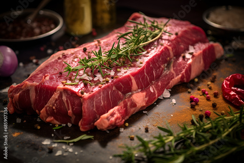 Prime steak seasoned with coarse salt and fresh rosemary, ready for the grill