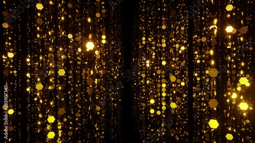 Awards corridor of sparkling golden hexagon particles bokeh or glitter garland vj loop 3d render. Holidays background, spotlight overlay for christmas card, music nightclub, award ceremony, geometric photo