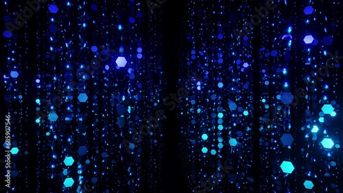 Awards corridor of sparkling blue hexagon particles bokeh or glitter garland vj loop 3d render. Holidays background, spotlight overlay for christmas card, music nightclub, award ceremony, geometric photo