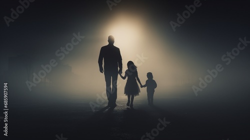 Father and children walking hand in hand silhouette walking in a foggy blurry world.