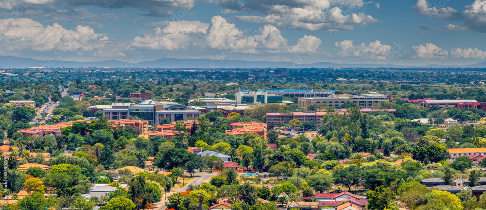 Gaborone aerial view of city skyline with the stadium and the university