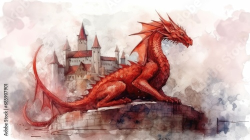Fantasy red dragon with a castle in the background. Eastern, Oriental legends Concept.