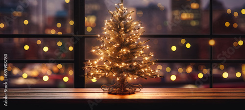 fondo de arbol de navidad iluminado sobre mesa e madera sobre fondo desenfocado con bokeh  nocturno de ventana y ciudad iluminada photo