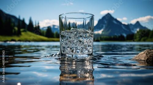 A glass filled with sparkling spring water, nestled in the natural beauty of a mountain lake.