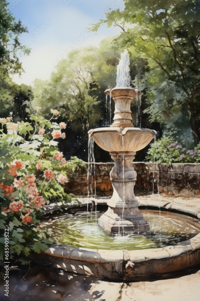 Classic fountain art in a blooming garden. - obrazy, fototapety, plakaty 