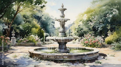 Picturesque watercolor of a magnificent garden fountain surrounded by a lush canopy of trees. photo