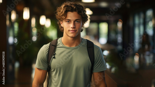 A young, sporty man with curly hair carries a backpack and stands confidently on a hiking trail in the forest.