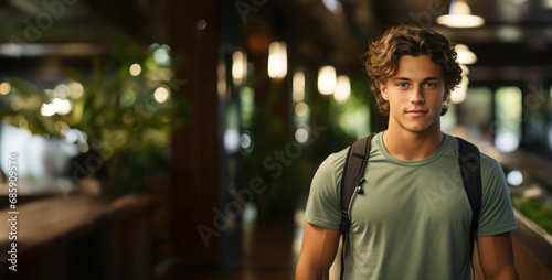 A young, sporty man with curly hair carries a backpack and stands confidently on a hiking trail in the forest, banner.