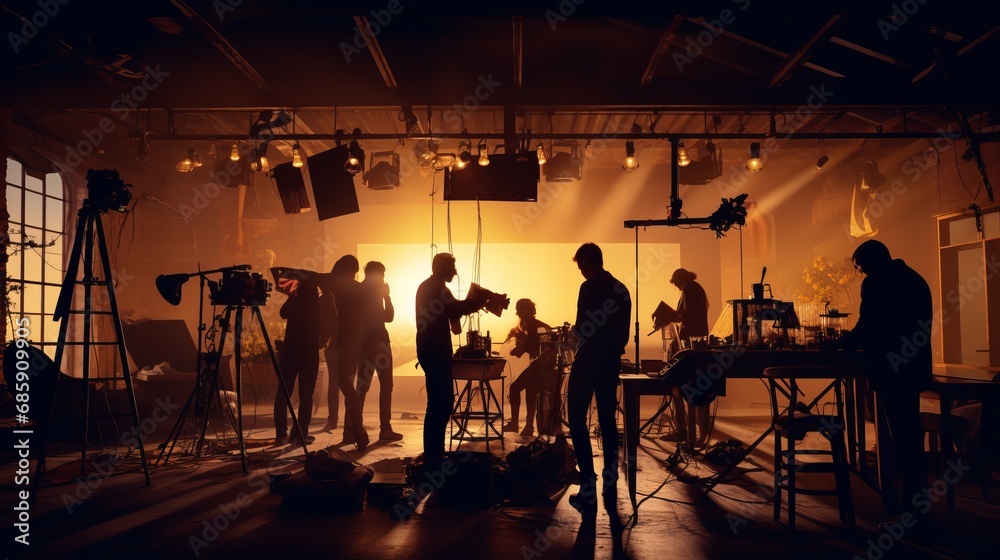 Film crew team lightman and cameraman working together with director in big studio, video production behind the scenes making of TV commercial movie - obrazy, fototapety, plakaty 