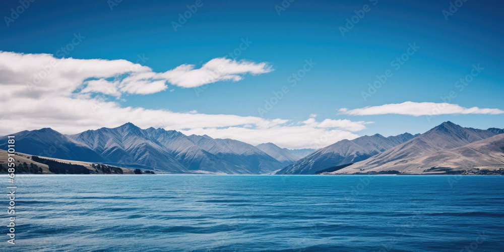 New Zealand or Nordic landscape, with mountains, lakes and hills, pampas and rocky sandy beach
