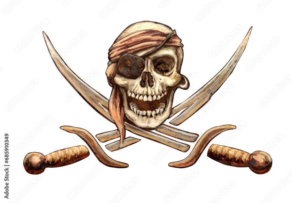 Obraz premium Skull and crossed swords for pirate flag isolated on transparent or white background, png