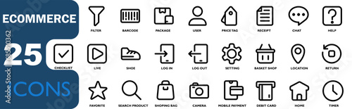 collection ecommerce icons. contains shopping,barcodes,shopping baskets,debit cards,payment,price tag.outline icons collection.vector illustrations for apk, web and other designs.