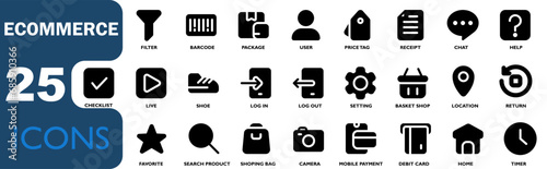 collection ecommerce icons. contains shopping,barcodes,shopping baskets,debit cards,payment,price tag.solid black icons collection.vector illustrations for apk, web and other designs.