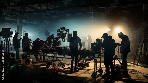 Film crew team lightman and cameraman working together with director in big studio, video production behind the scenes making of TV commercial movie