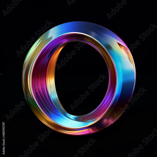 Abstract background with circles. Dark background with 3d letter O in vibrant iridescent neon colors. 