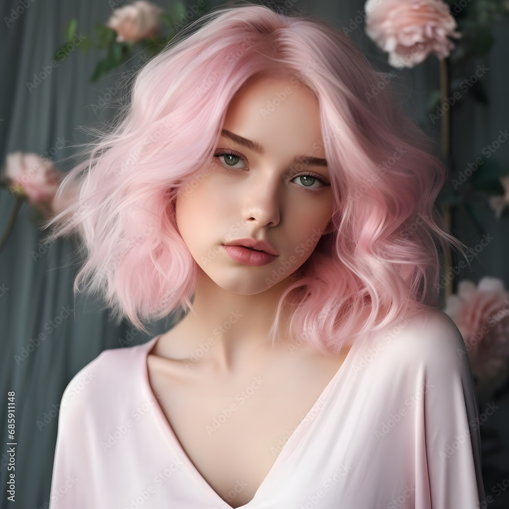 Portrait of young beautiful woman with pink hair and serious face.  Fashion model. Spring concept.