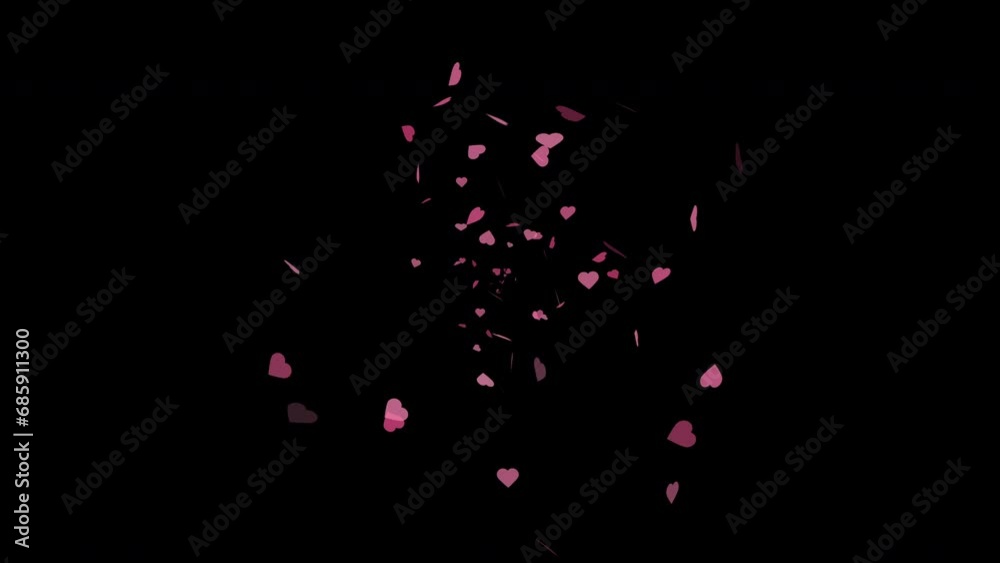Hearts confetti decoration.Valentines day, wedding, birthday element on black isolated background. 4k video. 60 fps