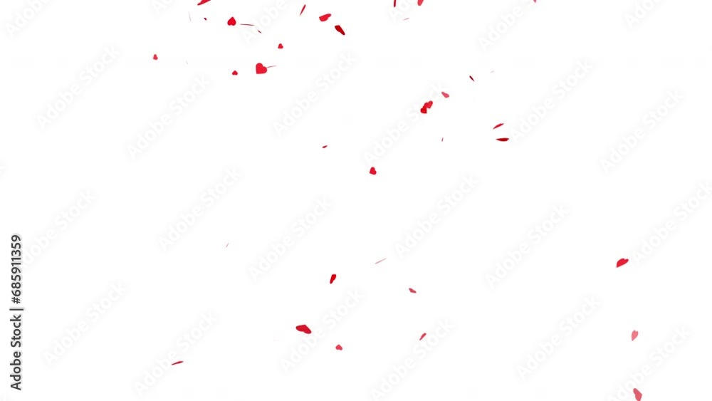 Hearts confetti decoration. Valentines day, wedding, birthday element on black isolated background. 4k video. 60 fps.