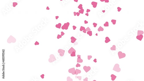Hearts falling down on white isolated background. Valentines day, wedding, birthday decoration. 4k video. 60 fps.