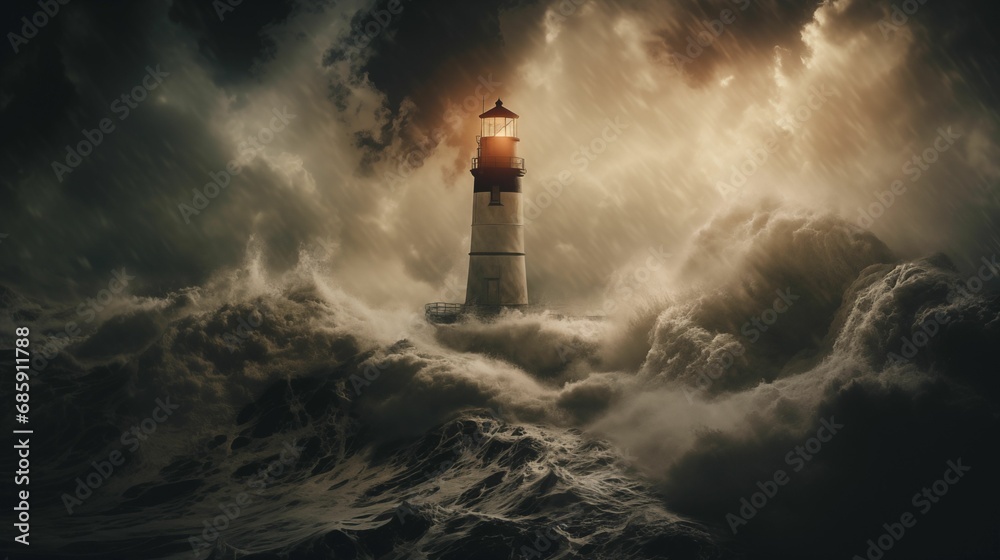 A bright lighthouse shining in the storm. A bright lighthouse shining in the storm.
