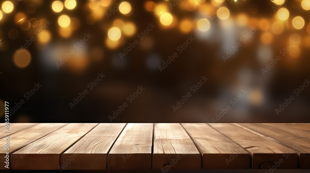 Empty wooden table top with defocused bokeh lights background Empty wooden table top with defocused bokeh lights background