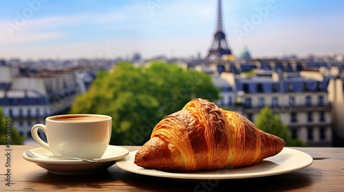 croissaint on a plate with the beautiful Paris city behind it and the eiffle tower.  photo