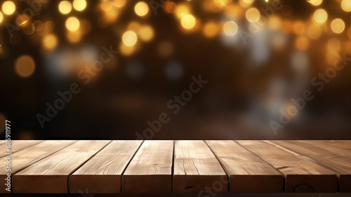 Empty wooden table top with defocused bokeh lights background 