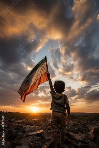 Indian Boy Holding indian Flag at Sunset photo