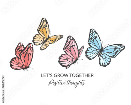 set of butterflies colorful butterfly positive slogan