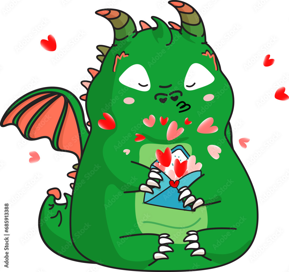 Fototapeta premium Dragon and blue envelope with hearts in its paws. Clipart.