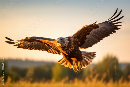 Majestic Eagle in Flight during Golden Hour photo