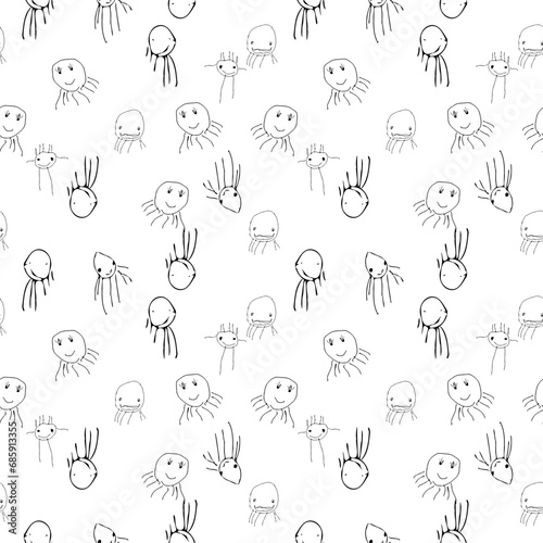 Seamless pattern with cute cartoon monsters. Black and white vector illustration.
