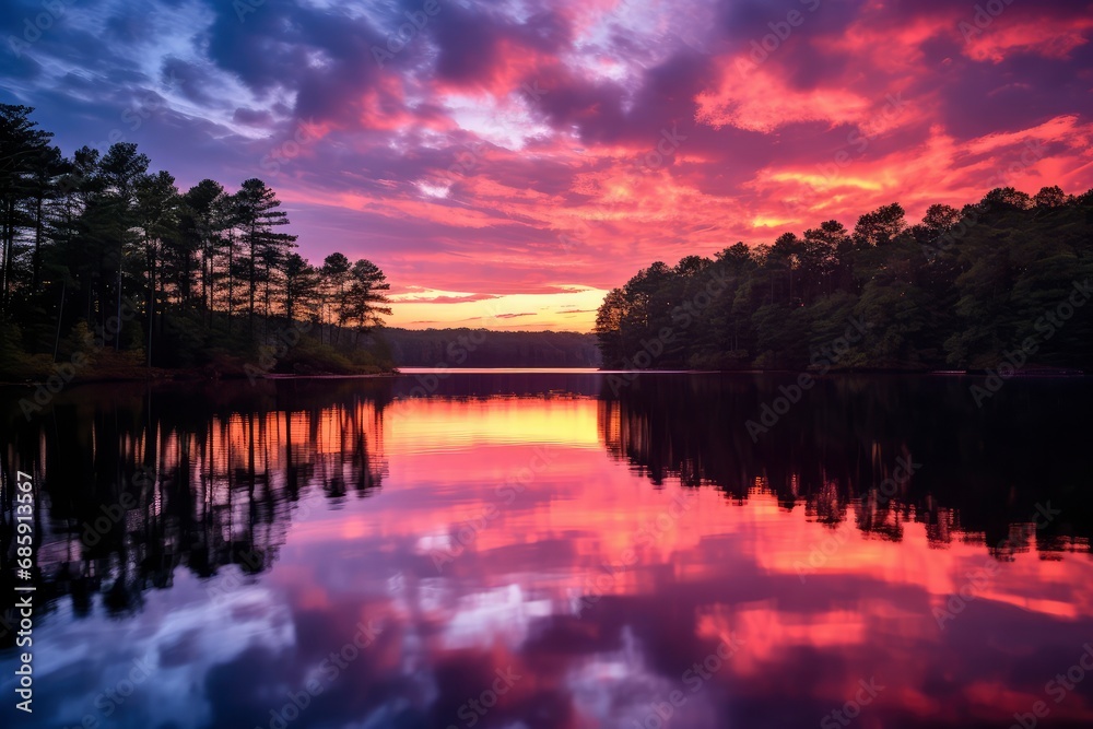 Vibrant Sunset Over Tranquil Forest Lake
