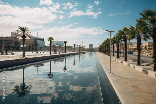 Modern City Promenade with Reflective Water Feature and Palm Trees
